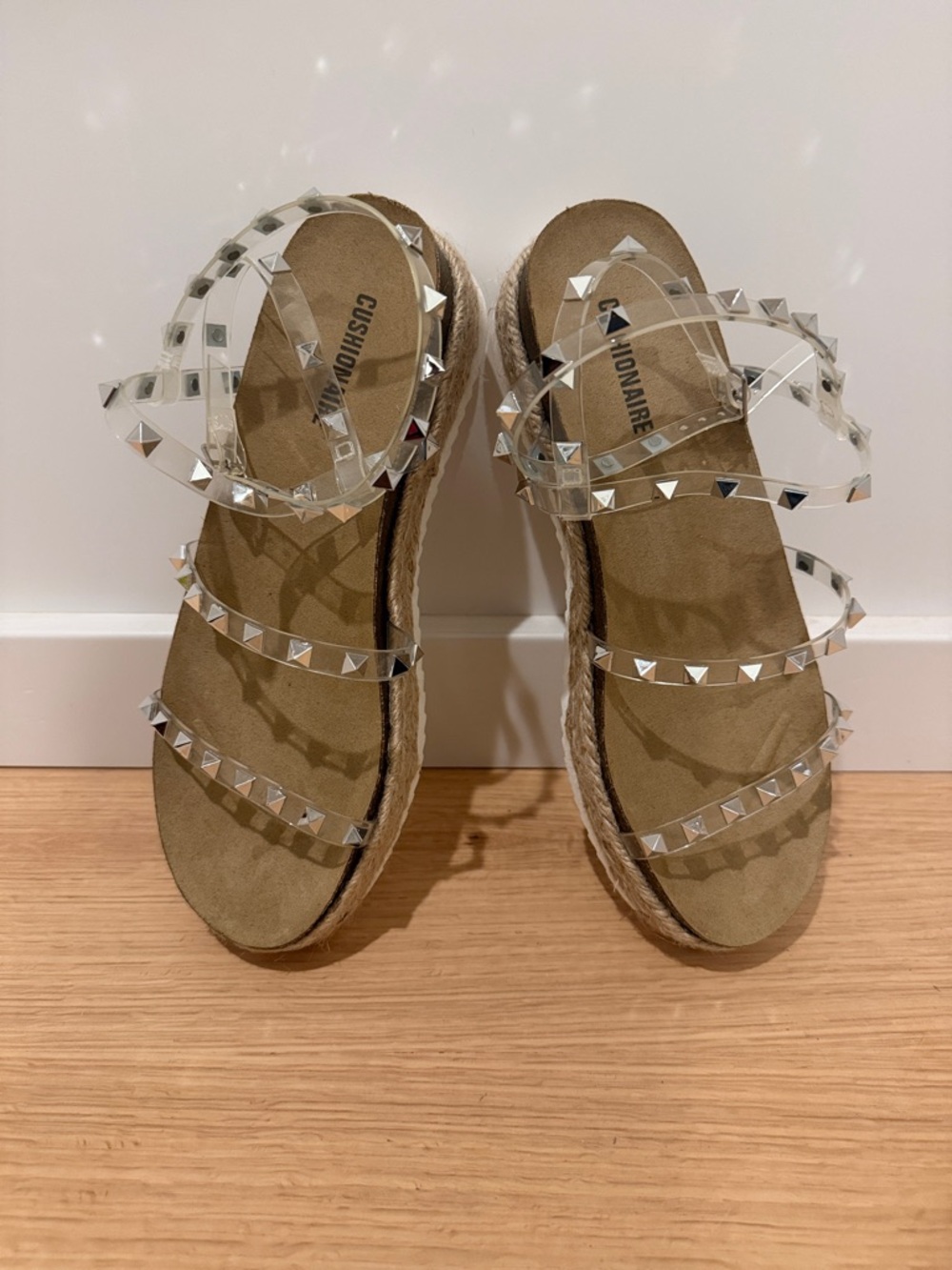 Clear Studded Espadrille Sandals - Cushioned Ankle Tie